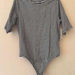 By Design Black White Stripe Short Sleeve Bodysuit Large NWT